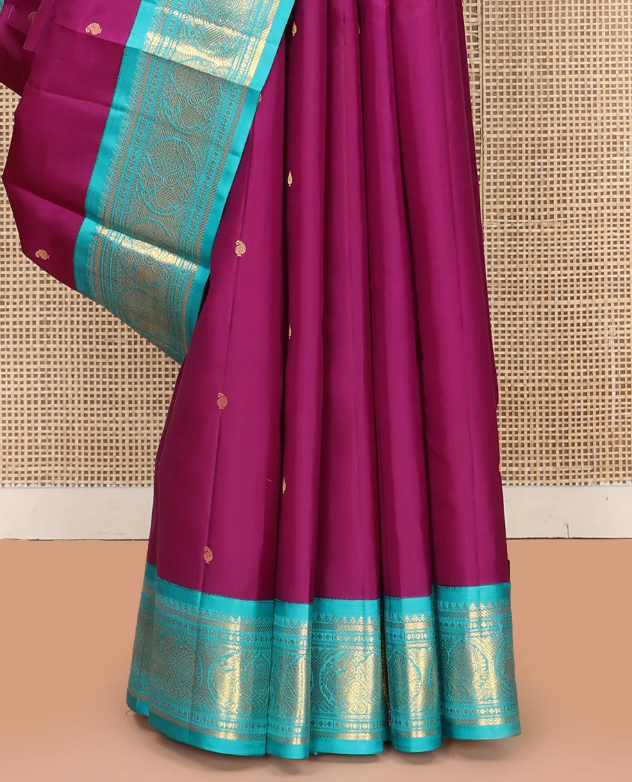 Purple Vasundhara Silk Saree, Subtly Sparkled With Zari Buttas All Over Its Body, Complemented by Zari Buttas All Over Its Body, Complemented by Contrast Border of Thilakam, Banaras, and Mayil Designs Grand Jaal Pallu and Paired with a Contrast Blouse - Image 4