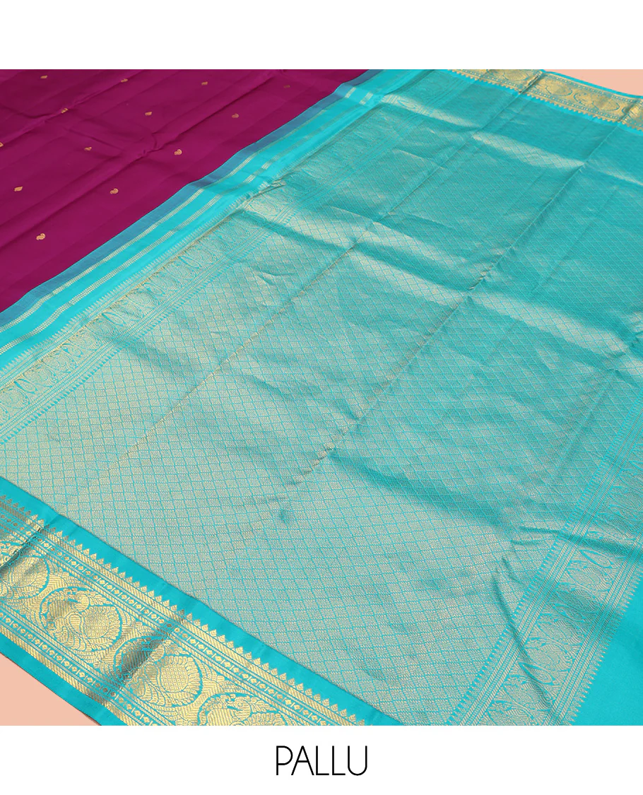Purple Vasundhara Silk Saree, Subtly Sparkled With Zari Buttas All Over Its Body, Complemented by Zari Buttas All Over Its Body, Complemented by Contrast Border of Thilakam, Banaras, and Mayil Designs Grand Jaal Pallu and Paired with a Contrast Blouse - Image 5