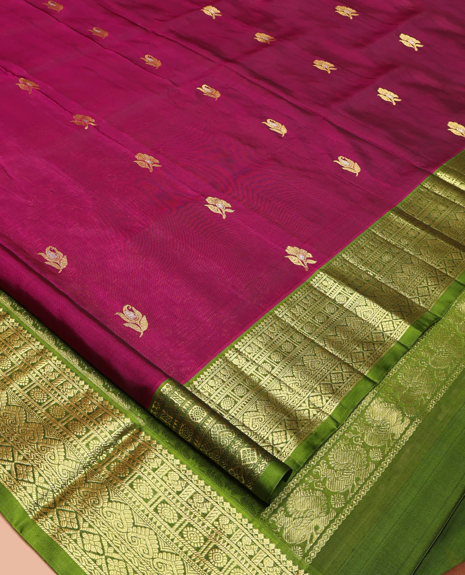 Purple Venkatagiri Silk Saree, Accentuated with Zari Buttas All Over Its Body, Complemented by a Contrast Traditional Zari Design Border, Pallu of Floral Designs, and Paired with a Contrast Blouse - Image 2