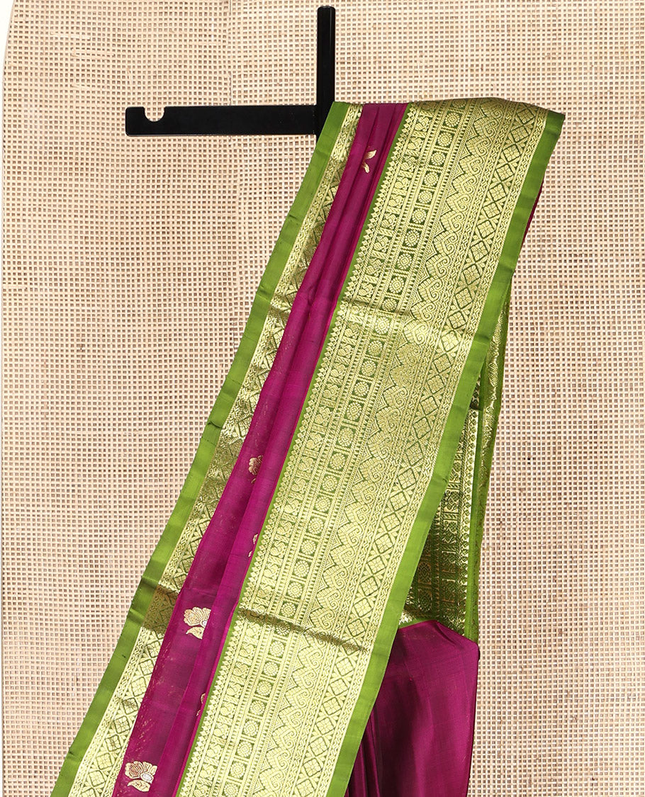 Purple Venkatagiri Silk Saree, Accentuated with Zari Buttas All Over Its Body, Complemented by a Contrast Traditional Zari Design Border, Pallu of Floral Designs, and Paired with a Contrast Blouse - Image 3