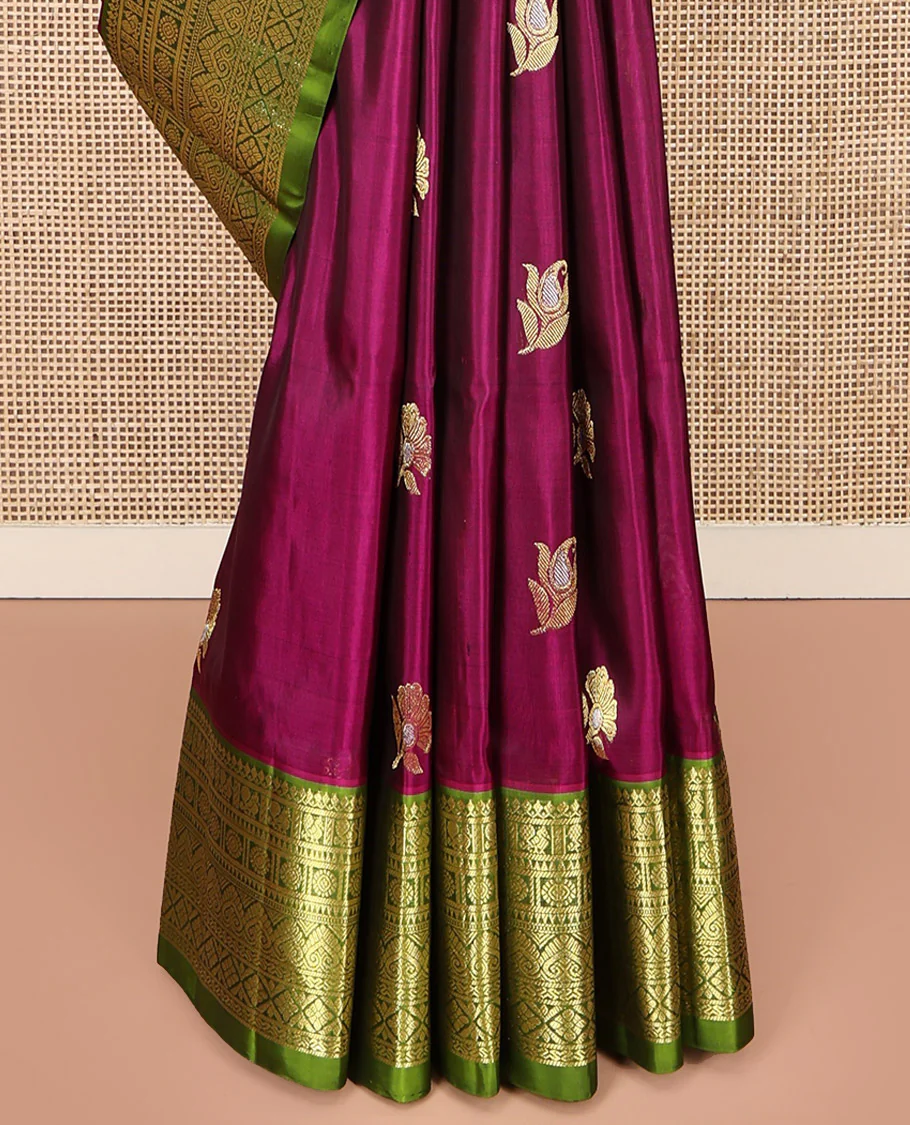 Purple Venkatagiri Silk Saree, Accentuated with Zari Buttas All Over Its Body, Complemented by a Contrast Traditional Zari Design Border, Pallu of Floral Designs, and Paired with a Contrast Blouse - Image 4