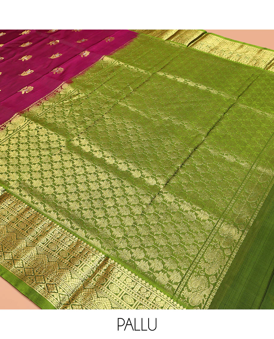 Purple Venkatagiri Silk Saree, Accentuated with Zari Buttas All Over Its Body, Complemented by a Contrast Traditional Zari Design Border, Pallu of Floral Designs, and Paired with a Contrast Blouse - Image 5