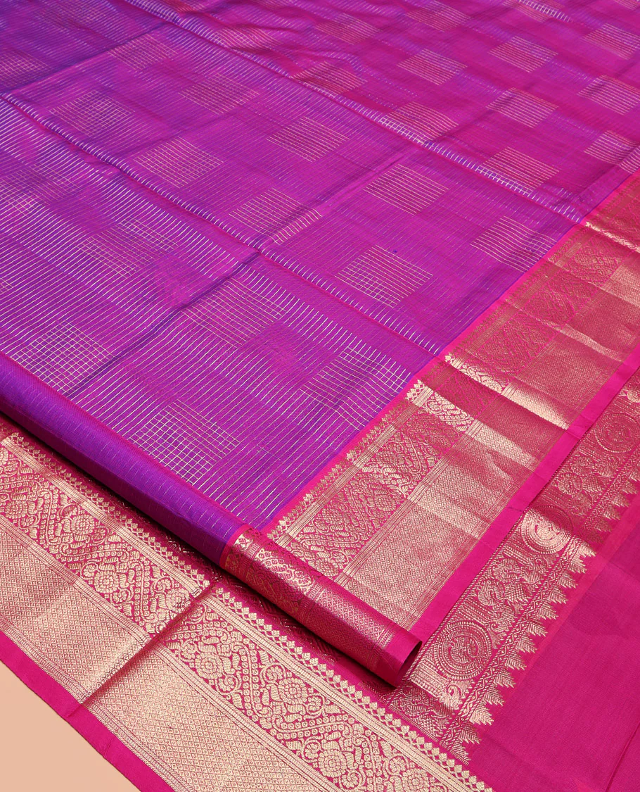 Purple Venkatagiri Silk Saree, Richly Detailed with Zari Checks All Over Its Body, Complemented by a Contrast Traditional Zari Design Border, Grand Pallu, and Paired with a Matching Blouse - Image 2