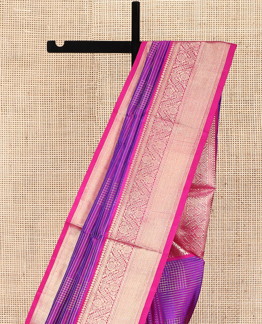Purple Venkatagiri Silk Saree, Richly Detailed with Zari Checks All Over Its Body, Complemented by a Contrast Traditional Zari Design Border, Grand Pallu, and Paired with a Matching Blouse - Image 3