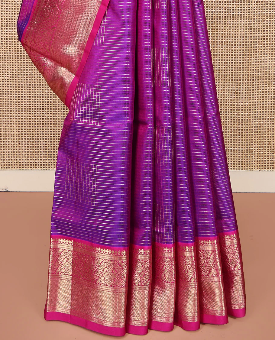 Purple Venkatagiri Silk Saree, Richly Detailed with Zari Checks All Over Its Body, Complemented by a Contrast Traditional Zari Design Border, Grand Pallu, and Paired with a Matching Blouse - Image 4