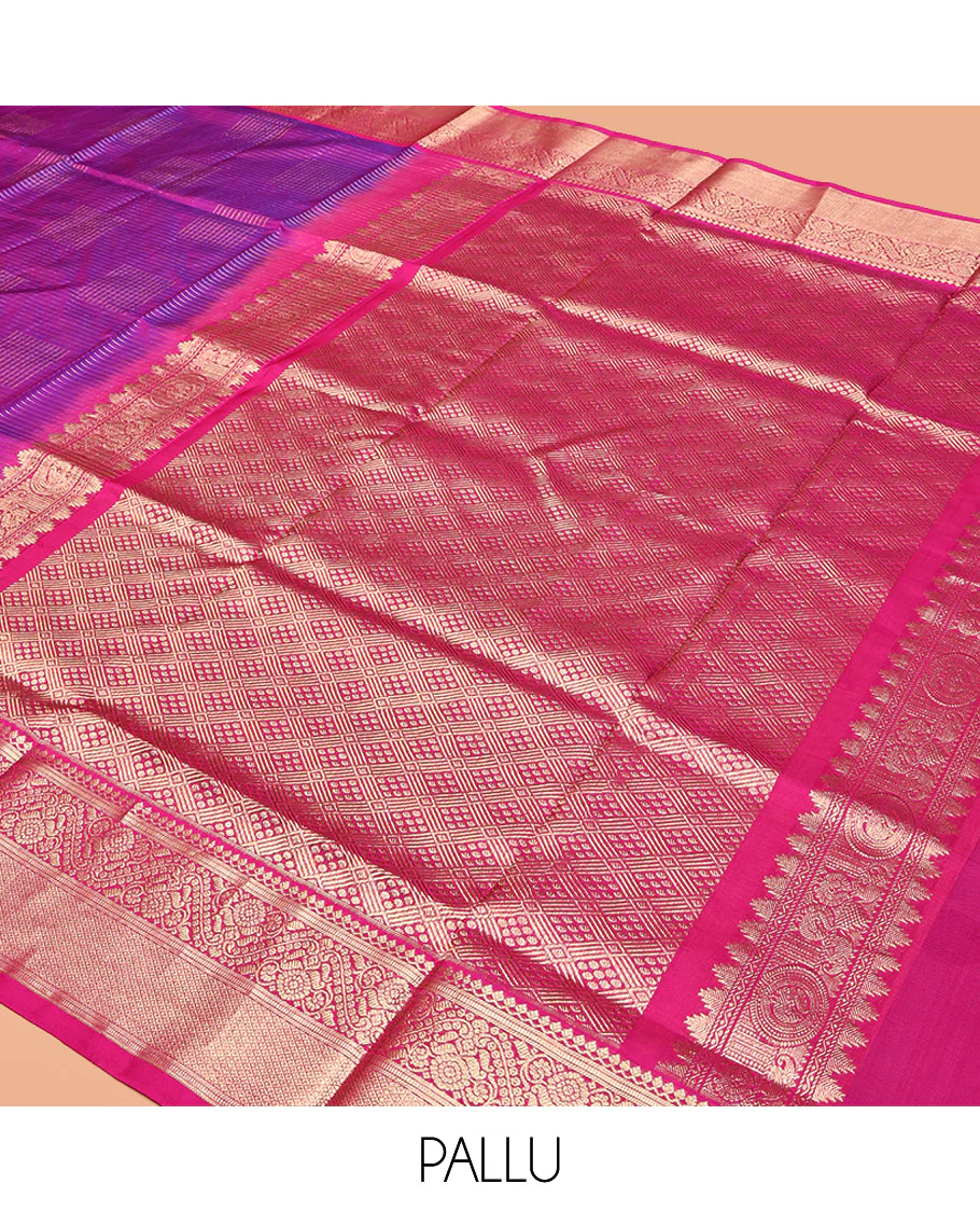 Purple Venkatagiri Silk Saree, Richly Detailed with Zari Checks All Over Its Body, Complemented by a Contrast Traditional Zari Design Border, Grand Pallu, and Paired with a Matching Blouse - Image 5