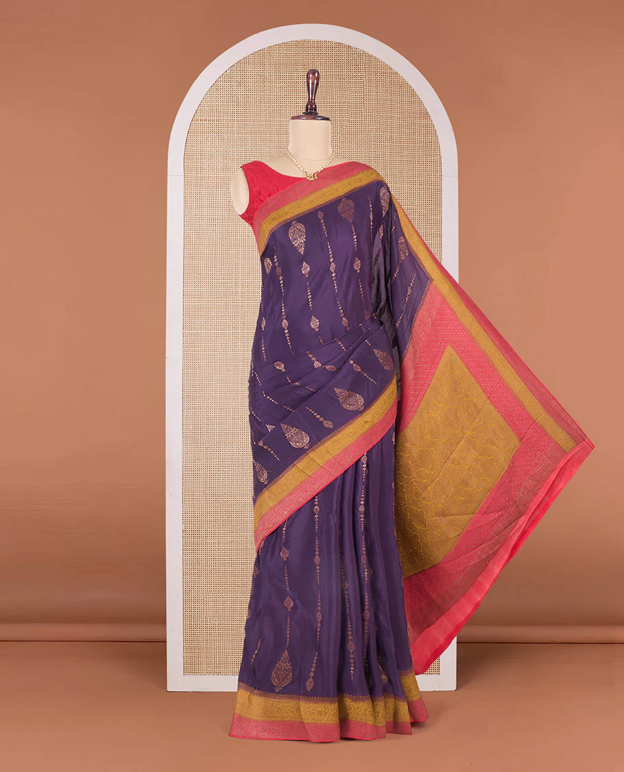 Purple zari buttas Mysore silk saree, contrast floral creeper zari border, and intricate paisley design pallu - Image 2