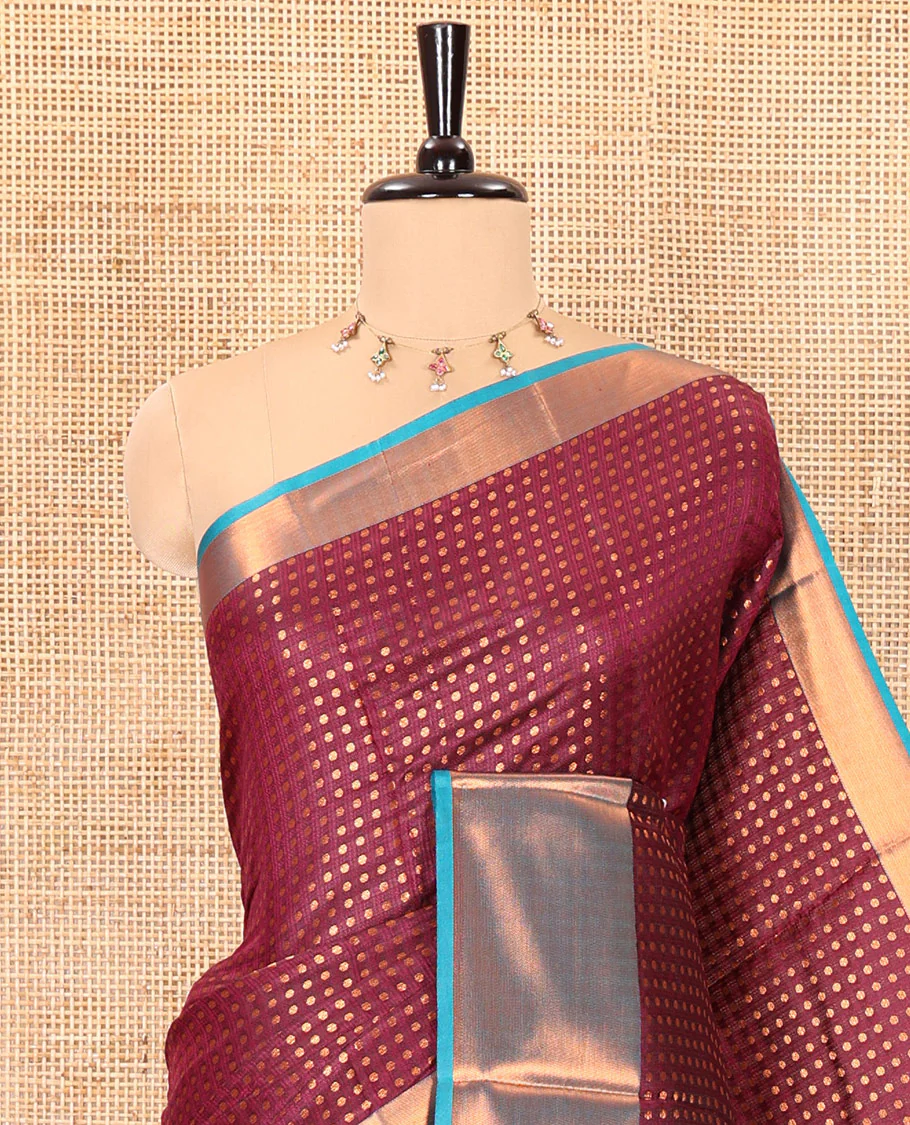 Purple zari buttas semi-soft silk saree, contrast plain zari border, contrast zari buttas steeped pallu, and a contrast zari design blouse - Image 2