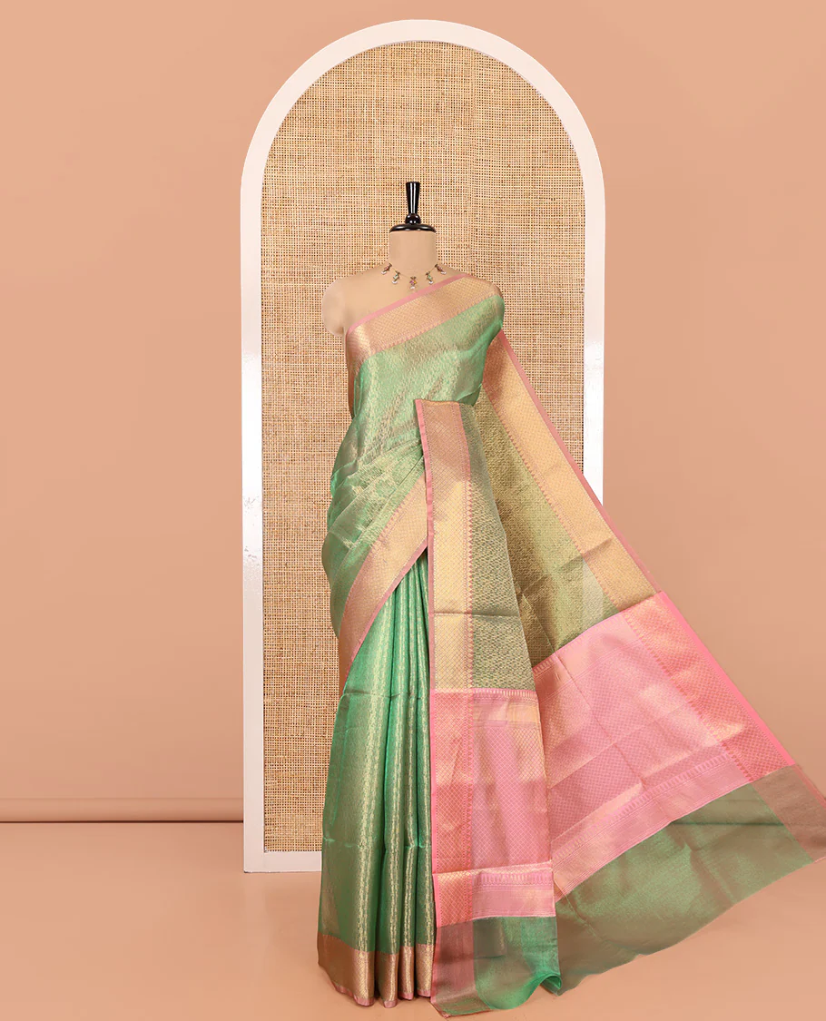 Rama Banaras Katan Silk Saree, Adorned with Brocade Design on Its Body, Complemented by a Contrast Traditional Zari Design Border, Grand Jaal Pallu, and Paired with a Contrast Blouse