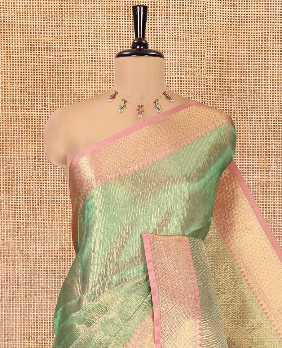 Rama Banaras Katan Silk Saree, Adorned with Brocade Design on Its Body, Complemented by a Contrast Traditional Zari Design Border, Grand Jaal Pallu, and Paired with a Contrast Blouse - Image 2