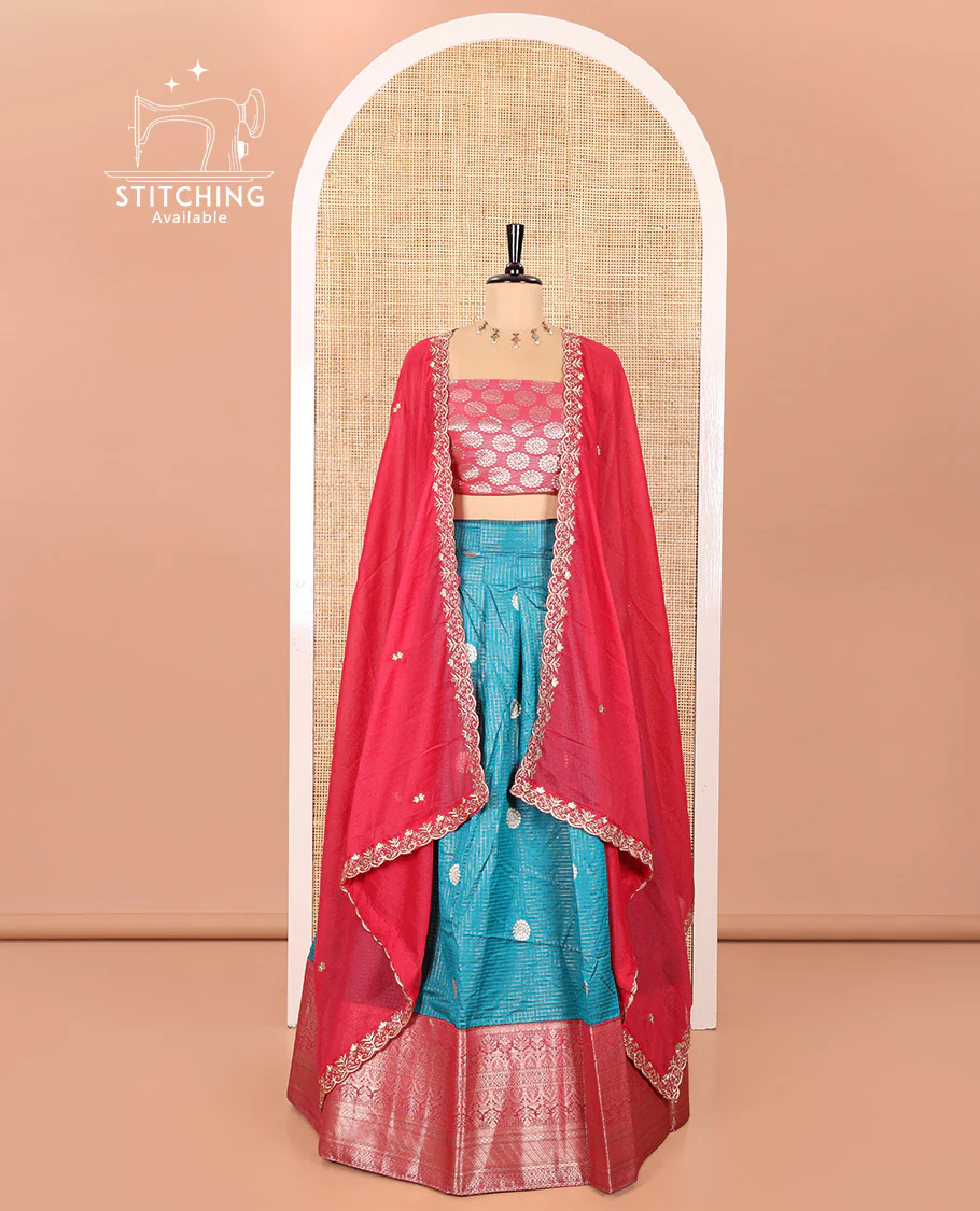 Rama Blue and Rani Pink Banarasi Silk Half-Saree Featuring Micro-Checks and Chakram Buttas Woven Skirt, Complemented by Contrast Traditional Zari Design Border, Paired with a Jacquard Blouse, and a Rangoli Georgette Embroidered Dhavani - Image 2