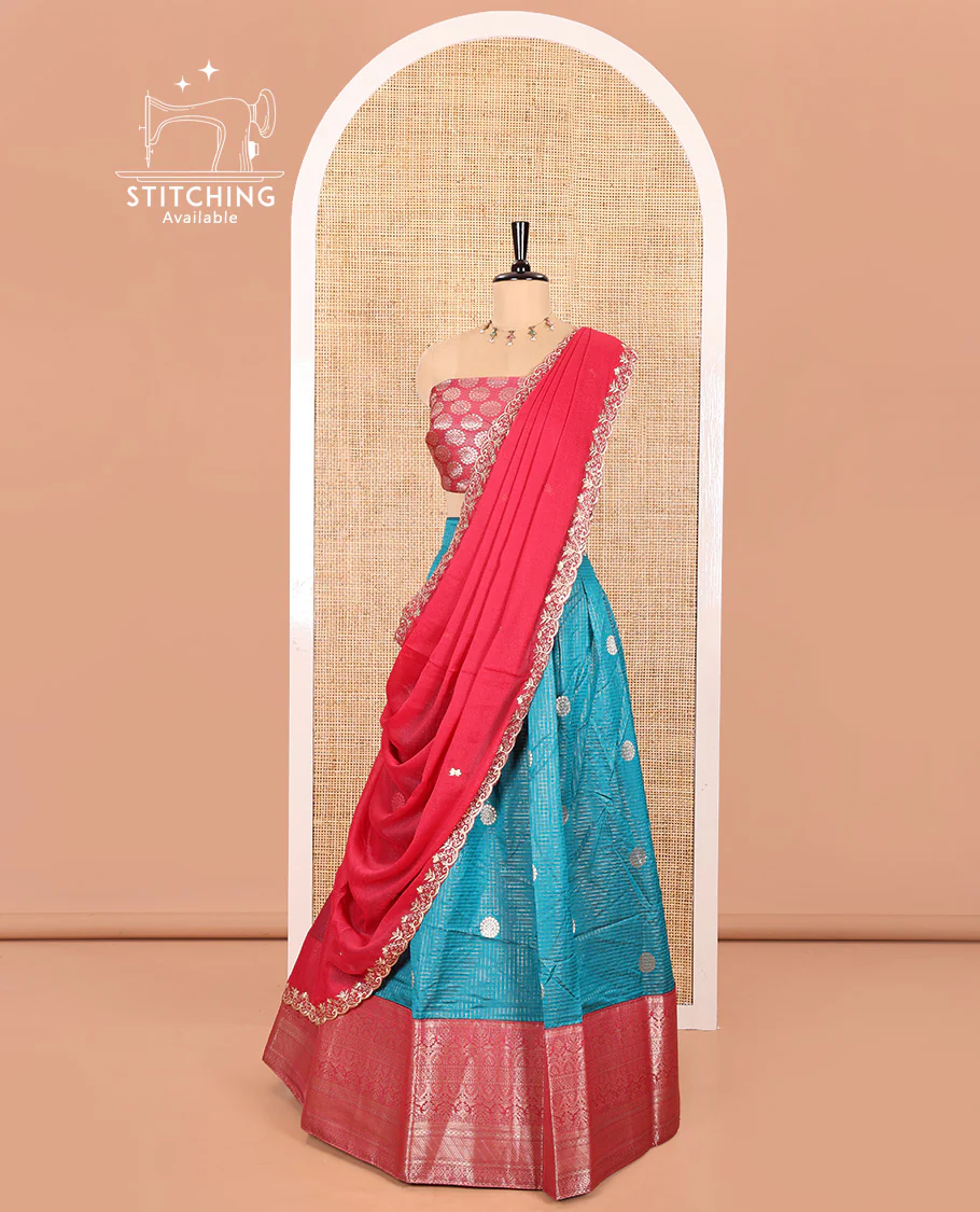 Rama Blue and Rani Pink Banarasi Silk Half-Saree Featuring Micro-Checks and Chakram Buttas Woven Skirt, Complemented by Contrast Traditional Zari Design Border, Paired with a Jacquard Blouse, and a Rangoli Georgette Embroidered Dhavani - Image 3
