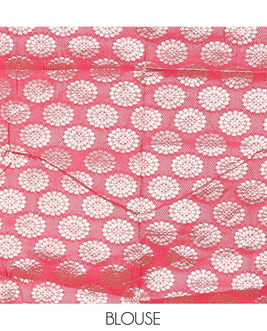 Rama Blue and Rani Pink Banarasi Silk Half-Saree Featuring Micro-Checks and Chakram Buttas Woven Skirt, Complemented by Contrast Traditional Zari Design Border, Paired with a Jacquard Blouse, and a Rangoli Georgette Embroidered Dhavani - Image 4