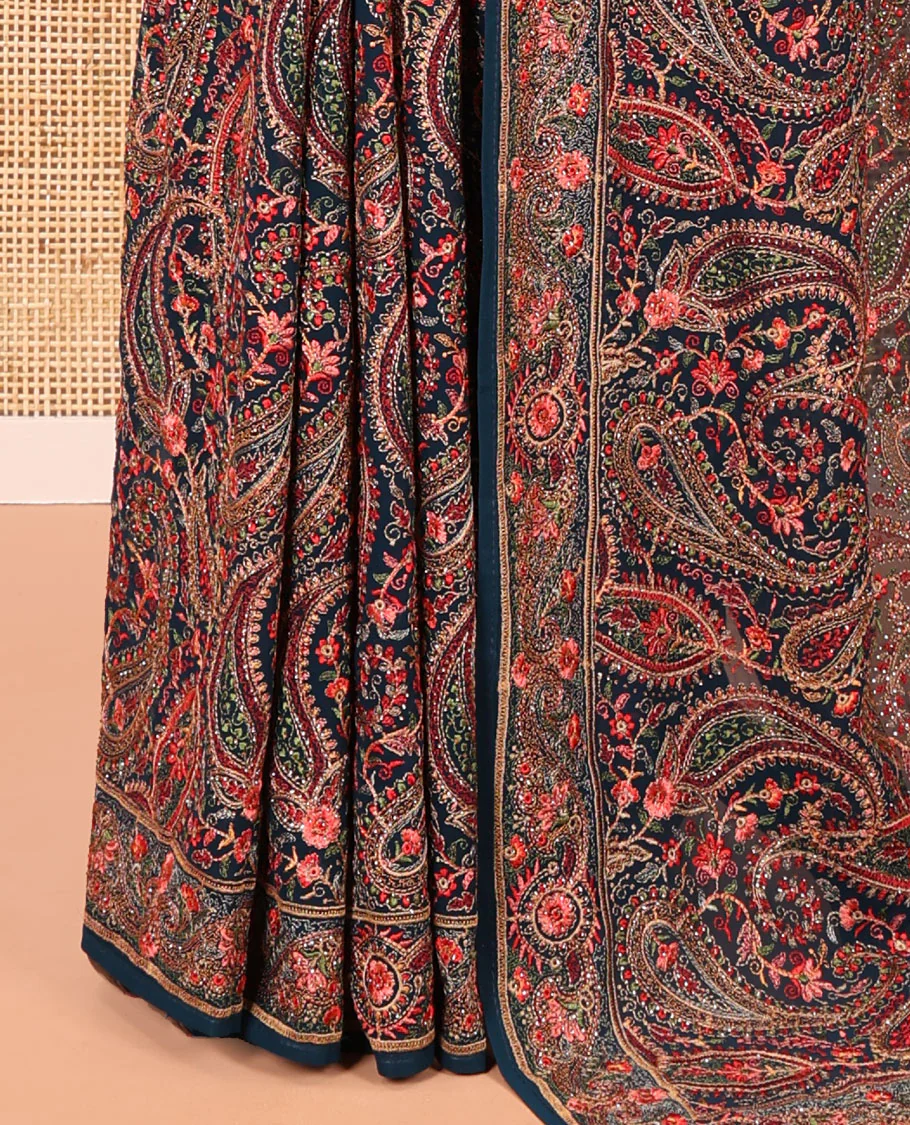 Rama Blue Georgette Saree, Accentuated with Intricate Paisleys, Kashmir Embroidered and Stone Work on Its Body, a Self-Embroidered Border, and Paired with an Embroidered Blouse - Image 3