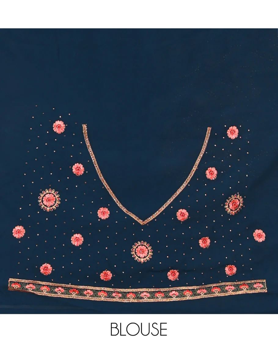 Rama Blue Georgette Saree, Accentuated with Intricate Paisleys, Kashmir Embroidered and Stone Work on Its Body, a Self-Embroidered Border, and Paired with an Embroidered Blouse - Image 5