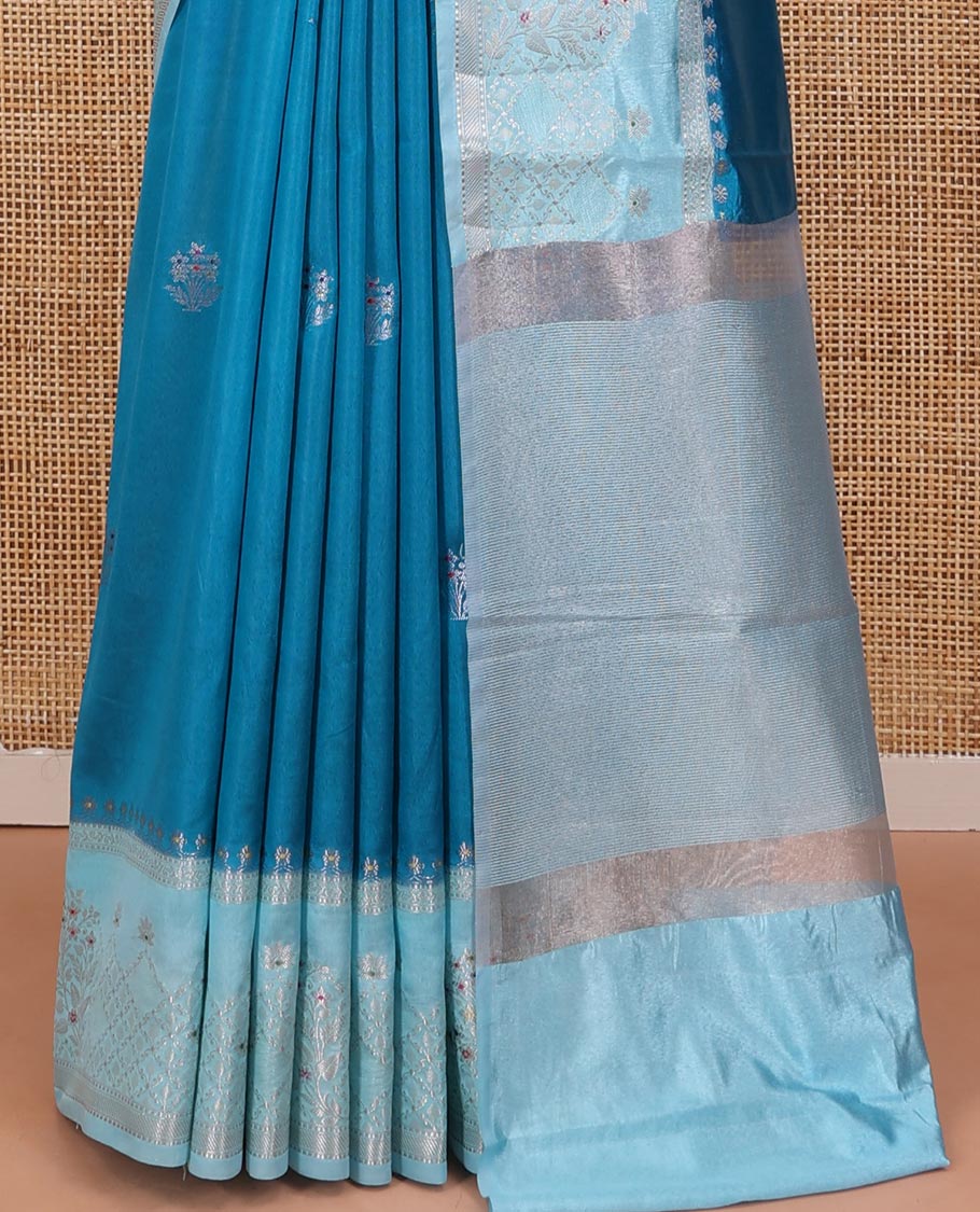 Rama Blue Green-Mango-Silk Saree, Adorned with Zari Buttas All Over Its Body, Complemented by a Contrast Meenakari Zari Border of Floral Designs, Gleaming Zari Pallu, and Paired with a Contrast Blouse - Image 4