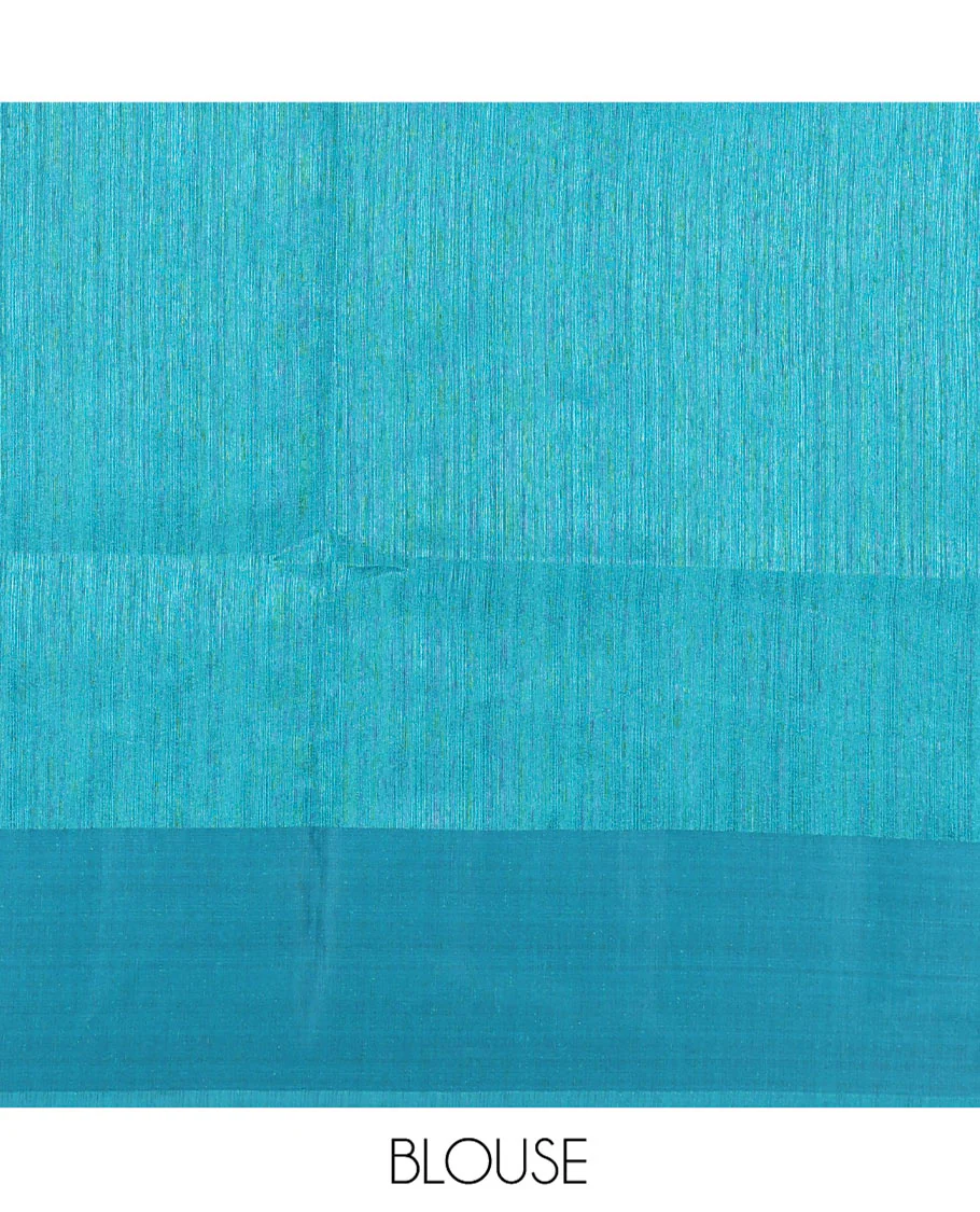 Rama Blue Green-Silk Saree, Colorfully Highlighted with Rose Motifs Cross Stitch Embroidery on Its Body, Subtly Sparkled by a Plain Border, Pallu of Rose Cross Stitch Embroidery, and Paired with a Contrast Blouse - Image 11