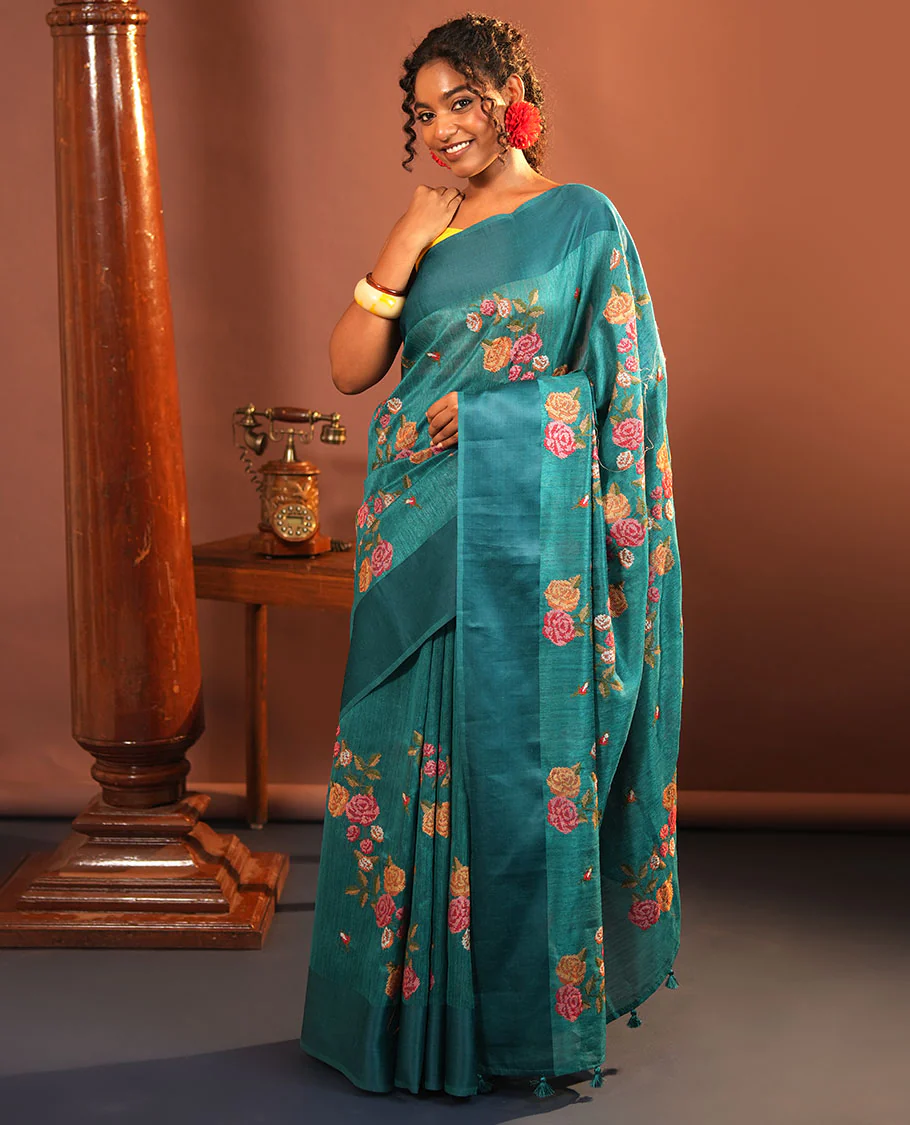 Rama Blue Green-Silk Saree, Colorfully Highlighted with Rose Motifs Cross Stitch Embroidery on Its Body, Subtly Sparkled by a Plain Border, Pallu of Rose Cross Stitch Embroidery, and Paired with a Contrast Blouse - Image 4