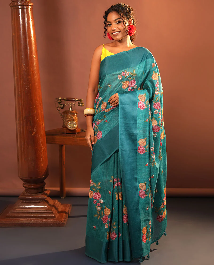 Rama Blue Green-Silk Saree, Colorfully Highlighted with Rose Motifs Cross Stitch Embroidery on Its Body, Subtly Sparkled by a Plain Border, Pallu of Rose Cross Stitch Embroidery, and Paired with a Contrast Blouse - Image 5