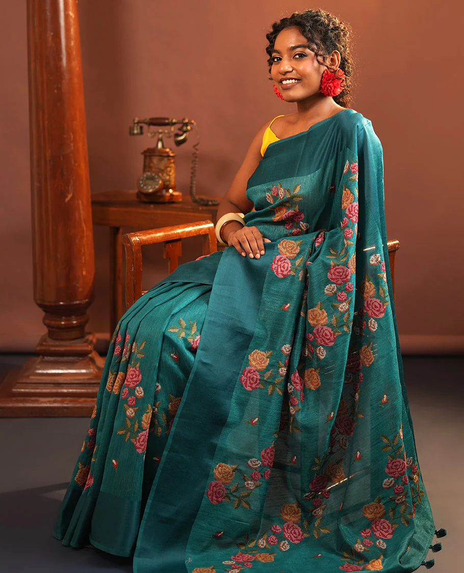 Rama Blue Green-Silk Saree, Colorfully Highlighted with Rose Motifs Cross Stitch Embroidery on Its Body, Subtly Sparkled by a Plain Border, Pallu of Rose Cross Stitch Embroidery, and Paired with a Contrast Blouse - Image 6