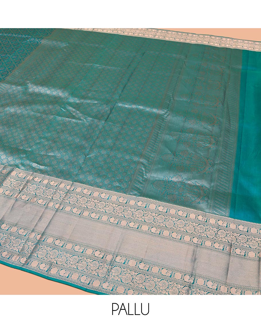 Rama Blue Kanchipuram Wedding Silk Saree, Mesmerized with Jaal Jacquard on Its Body, Highlighted by a Zari Border of Thilakam Mokku, Poun, Mayil, and Kodi Visiry Designs, Grand Pallu Steeped with Chakram Designs, and Paired with a Matching Blouse - Image 5