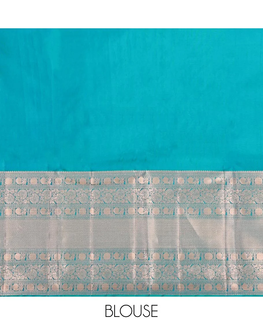 Rama Blue Kanchipuram Wedding Silk Saree, Mesmerized with Jaal Jacquard on Its Body, Highlighted by a Zari Border of Thilakam Mokku, Poun, Mayil, and Kodi Visiry Designs, Grand Pallu Steeped with Chakram Designs, and Paired with a Matching Blouse - Image 6