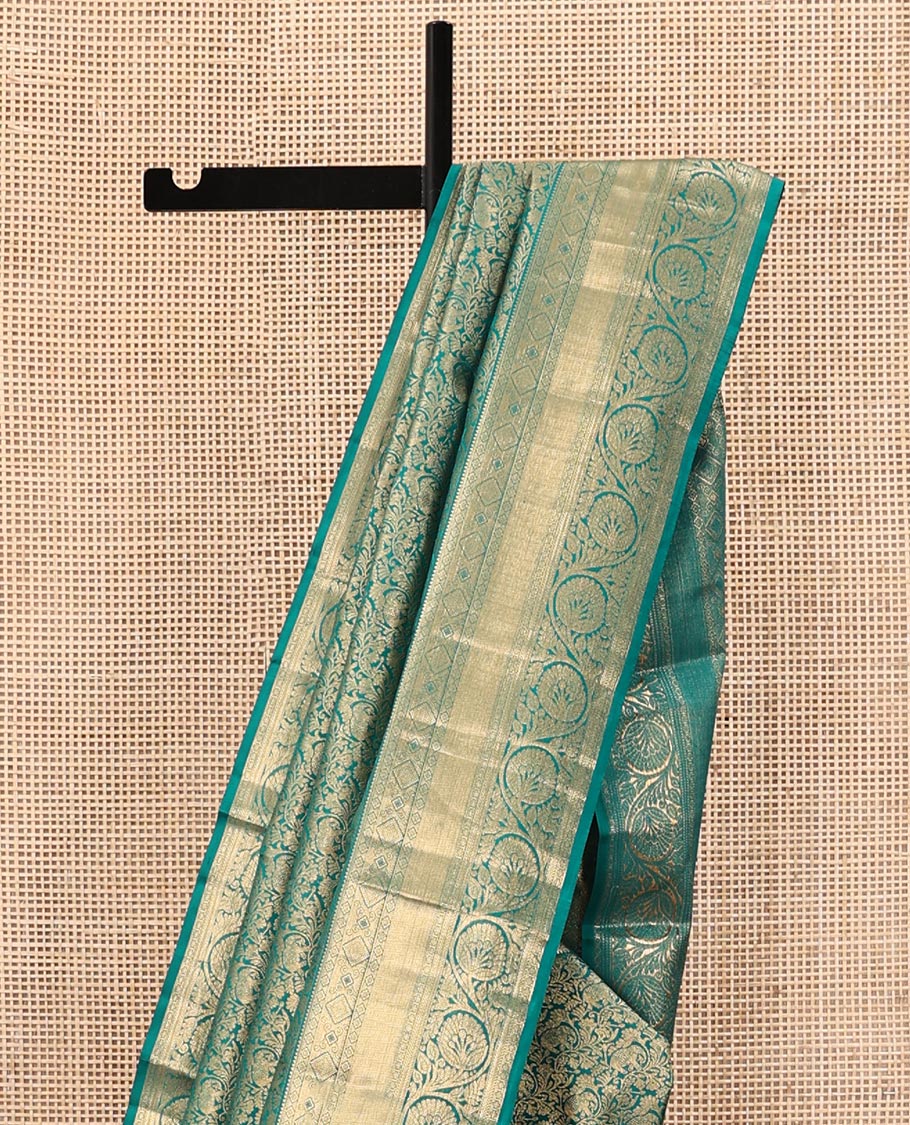 Rama Blue Kanchipuram Wedding Silk Saree, Steeped in Richness with Yaanai Jacquard on Its Body, Highlighted by a Zari Border of Rekku, Vanki, Diamond, and Kodi Visiry Designs, Grand Jaal Pallu, and Paired with a Matching Blouse - Image 3