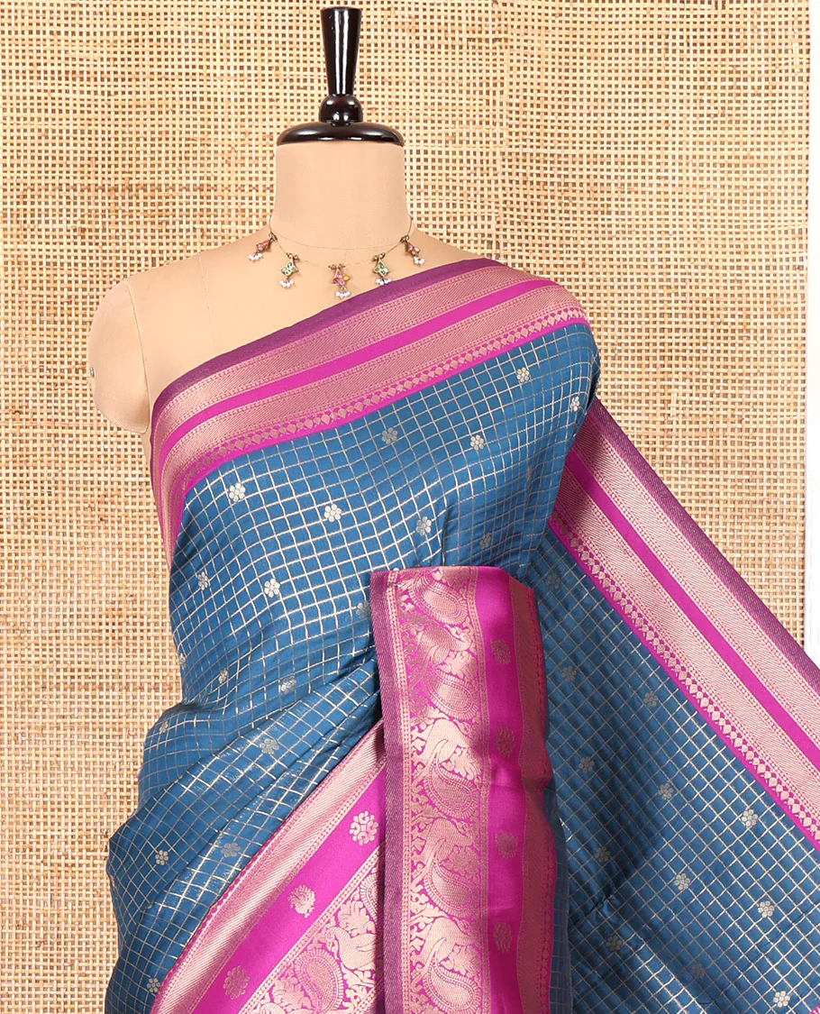 Rama Blue Litchi Saree Features Buttas and Checks, Contrast Traditional Peacock Border, Intricate Pallu, and a Contrast Blouse - Image 2