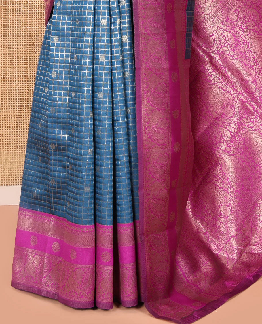 Rama Blue Litchi Saree Features Buttas and Checks, Contrast Traditional Peacock Border, Intricate Pallu, and a Contrast Blouse - Image 3