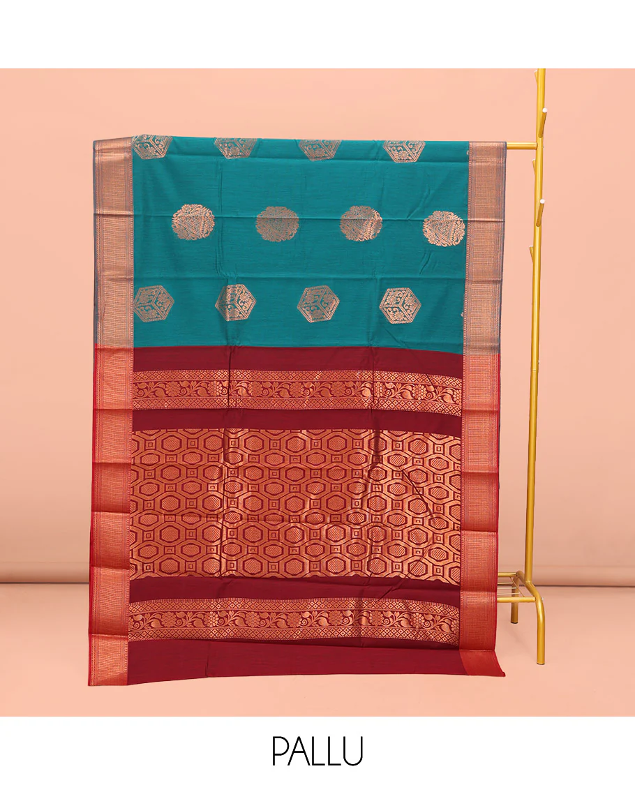 Rama Blue Semi-Silk Cotton Saree, Spotlighted with Zari Buttas All Over Its Body, Highlighted by a Traditional Zari Border, Pallu of Paisley Designs, and Paired with a Matching Blouse - Image 3