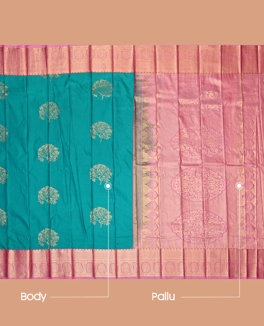 Rama Budget Silk Saree, Decorated with Zari Buttas, Contrast Traditional Zari Border, Grand Pallu, and a Contrast Blouse - Image 3
