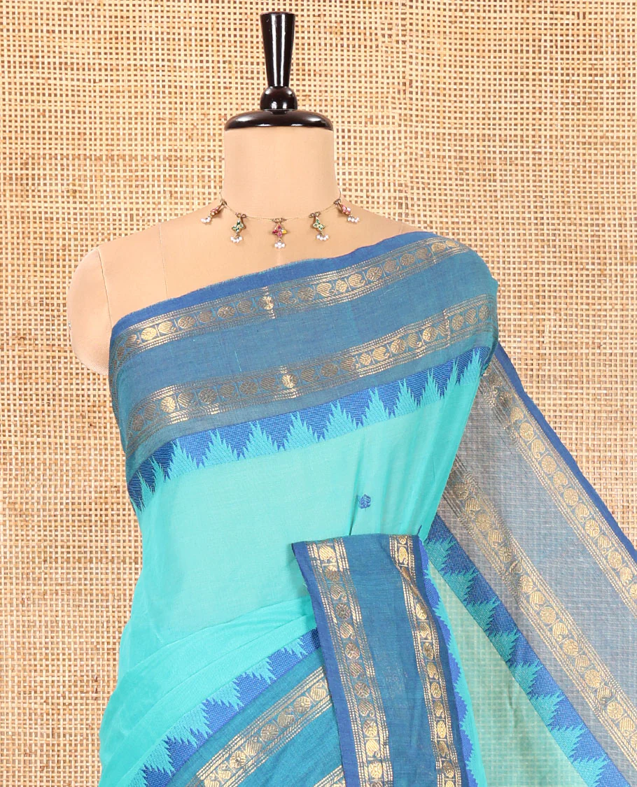Rama Chettinad Cotton Saree, Subtly Decked up with Thread Buttas All Over Its Body, Complemented by a Contrast Temple Rettai Pettu Traditional Zari Design Border, Pallu of Stripes and Buttas, and Paired with a Matching Blouse - Image 2