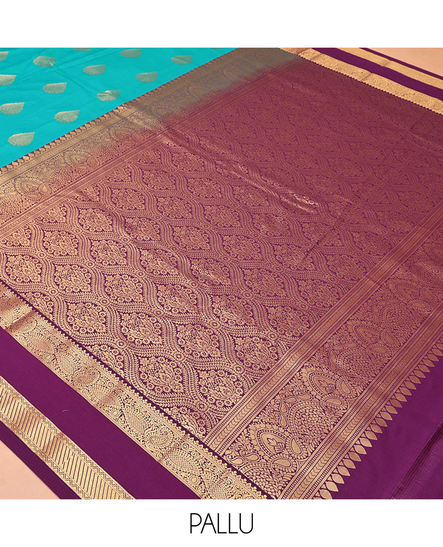 Rama Green and Purple Budget Silk Saree, Accentuated with Zari Buttas All Over Its Body, Complemented by Contrast Rettai Pettu Traditional Zari Designs Woven Border, Grand Pallu and Paired with a Contrast Blouse - Image 5