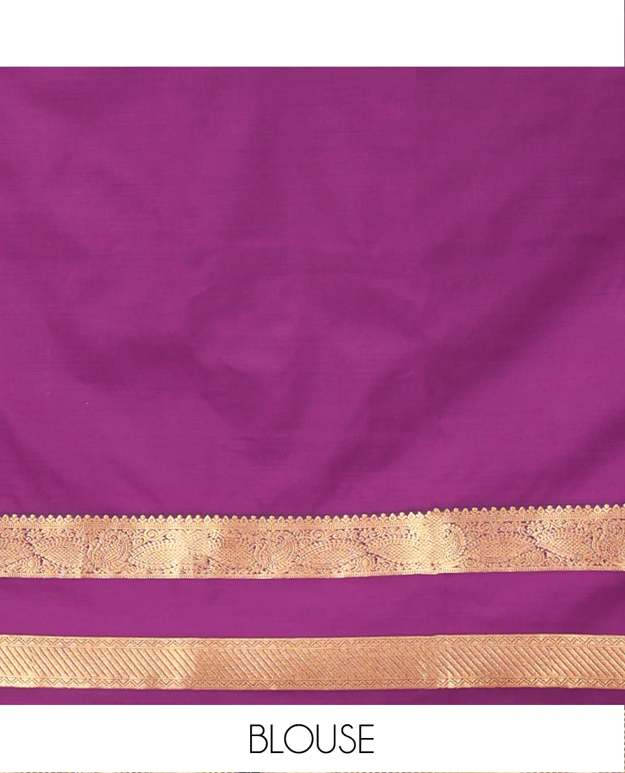 Rama Green and Purple Budget Silk Saree, Accentuated with Zari Buttas All Over Its Body, Complemented by Contrast Rettai Pettu Traditional Zari Designs Woven Border, Grand Pallu and Paired with a Contrast Blouse - Image 6
