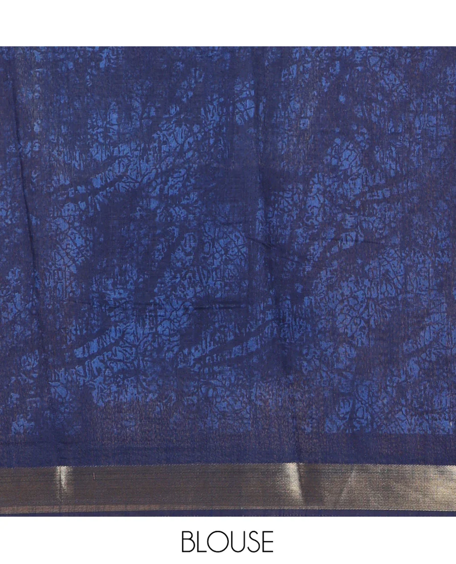 Rama Green Linen Cotton Saree, Adorned with Shibori Printed All Over Its Body, Complemented by a Contrast Batik Printed Zari Border, Floral Printed Pallu, and Paired with a Contrast Blouse - Image 3