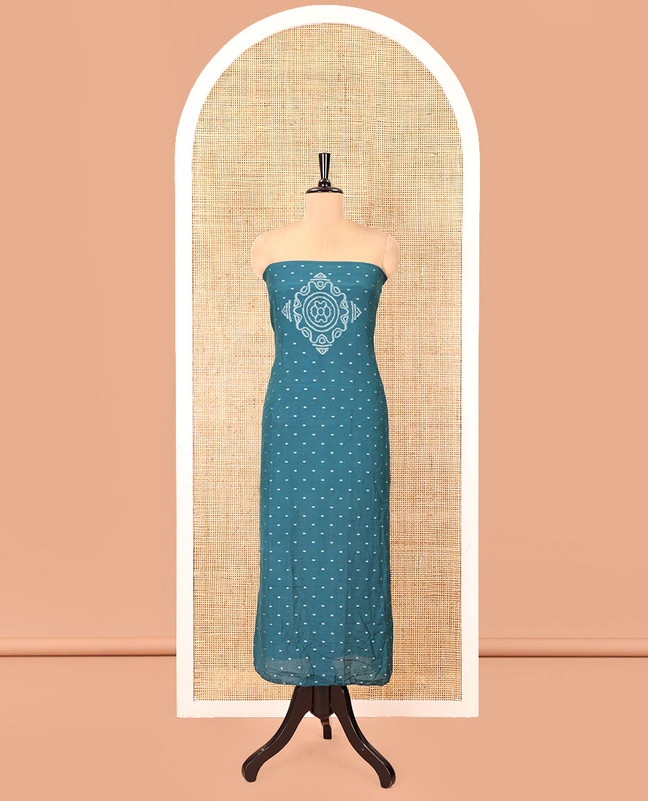 Rama Green Mul Chanderi Material Chudidar Set, Subtly Printed with Bandhani-Style Printed Top, a Plain Santoon Bottom, and Paired with a Matching Mul Chanderi Bandhani-Dotted and Zari-Woven Dupatta - Image 4