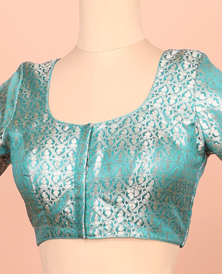 Rama green paisleys-theme jacquard front-back round neck elbow-sleeve readymade blouse - Image 2