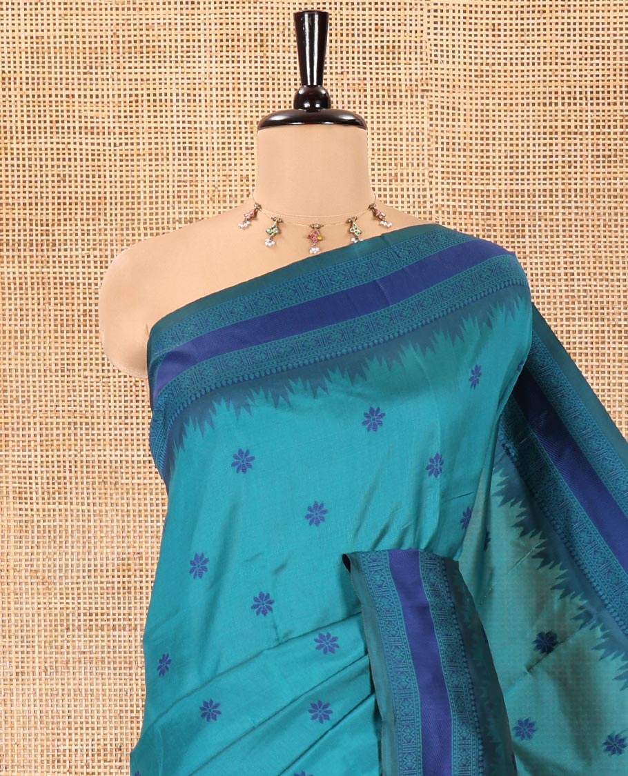 Rama Kanchi Silk Saree, Adorned with Floral Thread Buttas All Over Its Body, Complemented by a Contrast Border of Temple Traditional Motifs, Jaal Pallu, and Paired with a Matching Blouse - Image 2