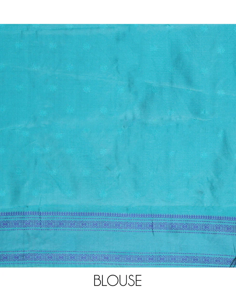 Rama Kanchi Silk Saree, Adorned with Floral Thread Buttas All Over Its Body, Complemented by a Contrast Border of Temple Traditional Motifs, Jaal Pallu, and Paired with a Matching Blouse - Image 3