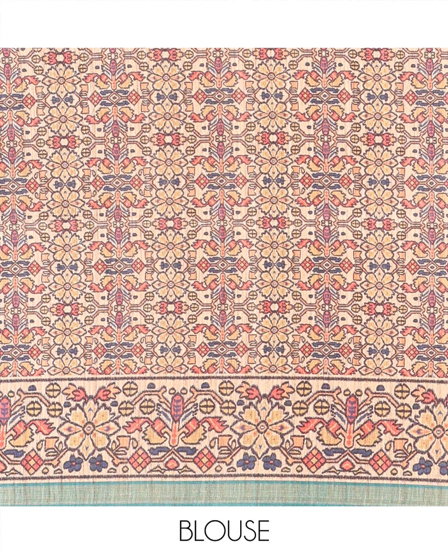 Rama Katan Silk Saree, Embellished with Checked Design On Its Body, Artfully Designed Madhubani Painting Theme Border, Pallu of Same Madhubani Print, and Paired with a Madhubani Printed Blouse - Image 3