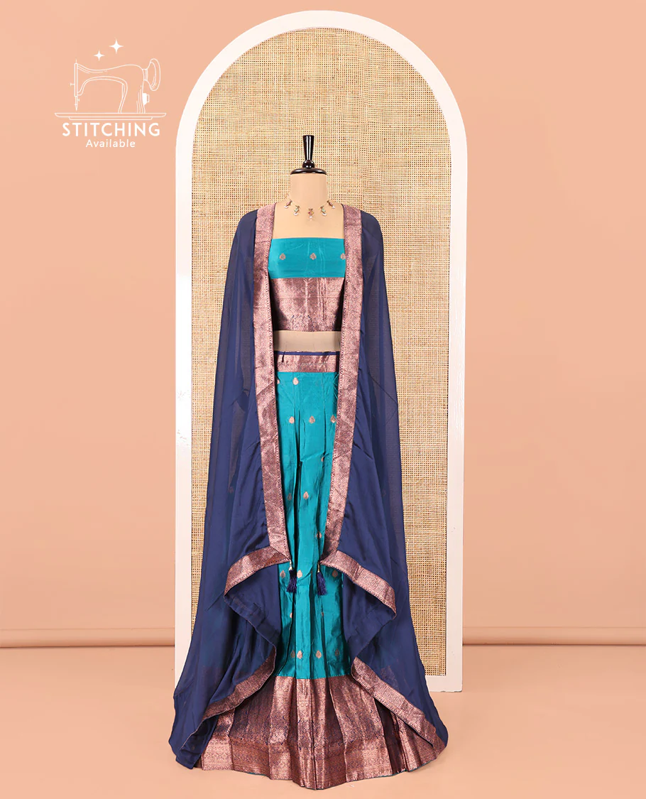 Rama-Navy Blue Semi-Banarasi Half-Saree Features Buttas on Skirt, a Contrast Traditional Zari Border, a Matching Blouse, and a Contrast Satin Georgette Dhavani - Image 2