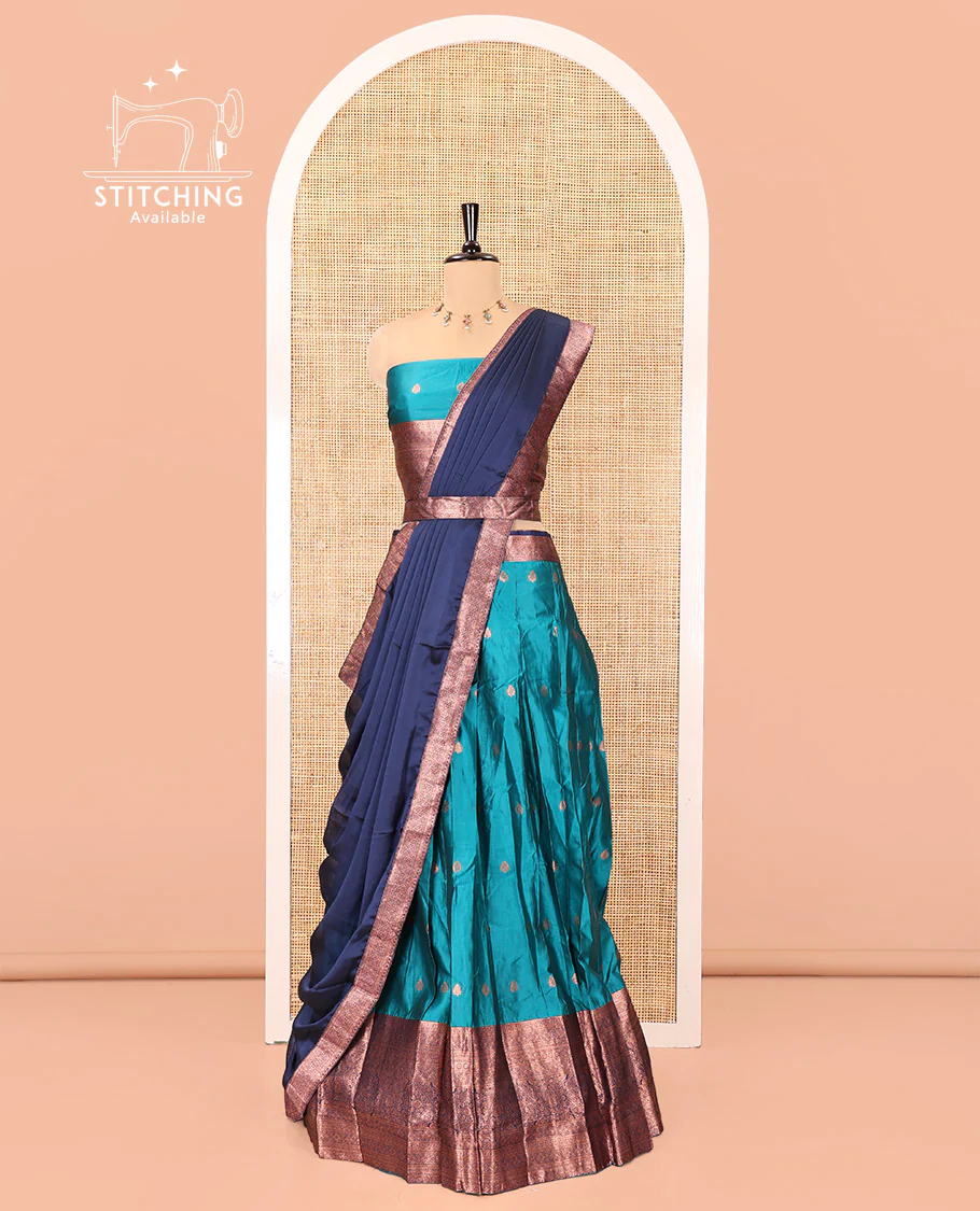 Rama-Navy Blue Semi-Banarasi Half-Saree Features Buttas on Skirt, a Contrast Traditional Zari Border, a Matching Blouse, and a Contrast Satin Georgette Dhavani - Image 3