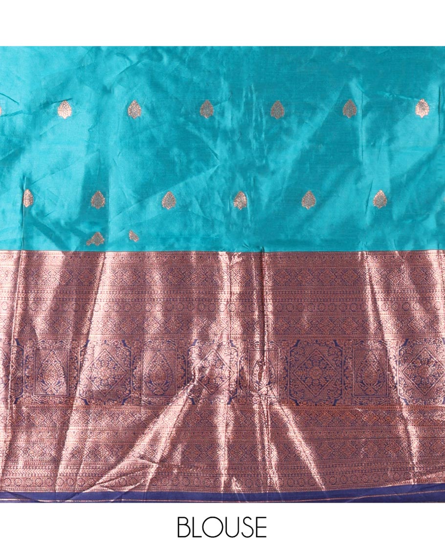 Rama-Navy Blue Semi-Banarasi Half-Saree Features Buttas on Skirt, a Contrast Traditional Zari Border, a Matching Blouse, and a Contrast Satin Georgette Dhavani - Image 4