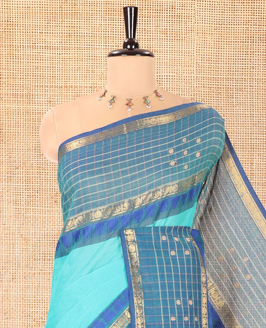 Rama Plain Chettinad Cotton Saree, Complemented by a Contrast Butta Enclosed Checked Zari Border, Subtly Striped Pallu, and Paired with a Matching Blouse - Image 2