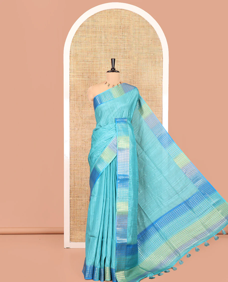 Rama Plain Matka Silk Fancy Saree , Small Polka Dots Woven Temple contrast Border, Pallu Steeped with Polka Dots, and Paired with a Patola-Style Floral Printed Blouse