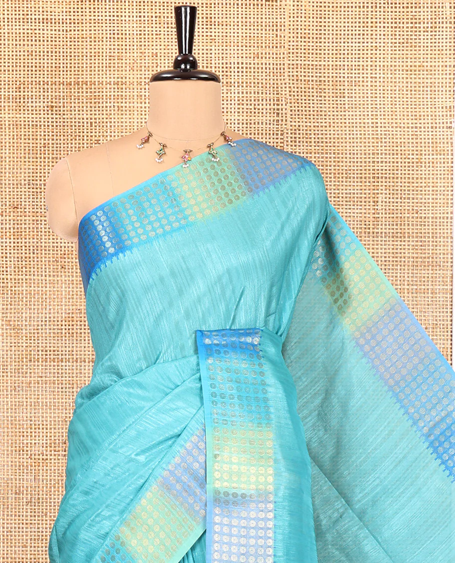 Rama Plain Matka Silk Fancy Saree , Small Polka Dots Woven Temple contrast Border, Pallu Steeped with Polka Dots, and Paired with a Patola-Style Floral Printed Blouse - Image 2