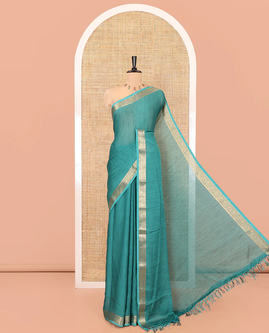 Rama Plain Moss Chiffon Saree, Highlighted by a Zari Border of Paisley Designs, a Self-Pallu, and Has No Blouse