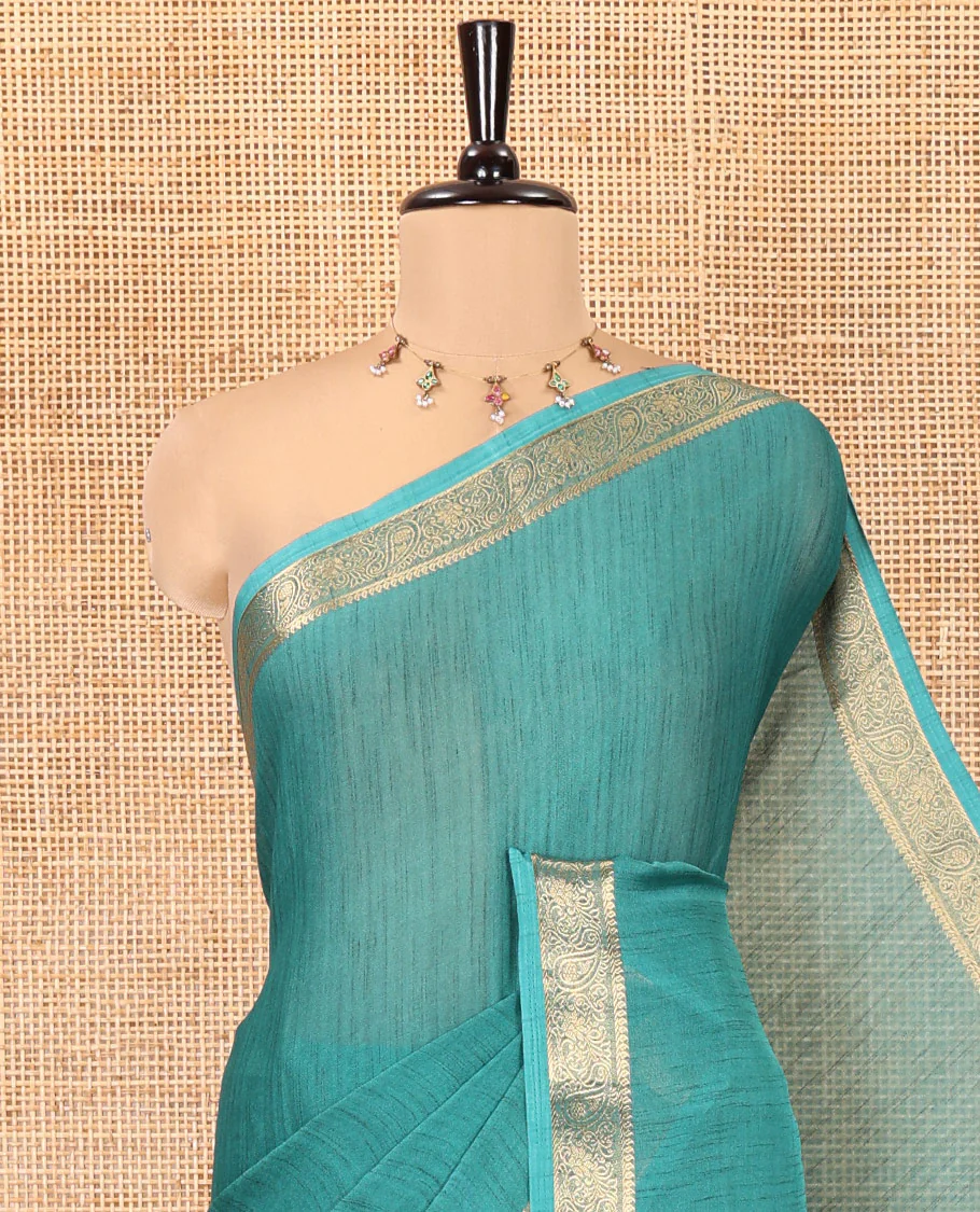 Rama Plain Moss Chiffon Saree, Highlighted by a Zari Border of Paisley Designs, a Self-Pallu, and Has No Blouse - Image 2