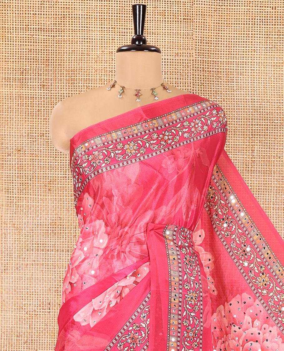 Rani Masakali Saree, Artfully Adorned with Floral Motifs Print, and Mirror Work All Over Its Body, Printed Border, Intricately Printed Mirror Work Pallu, and Paired with a Matching Blouse - Image 2