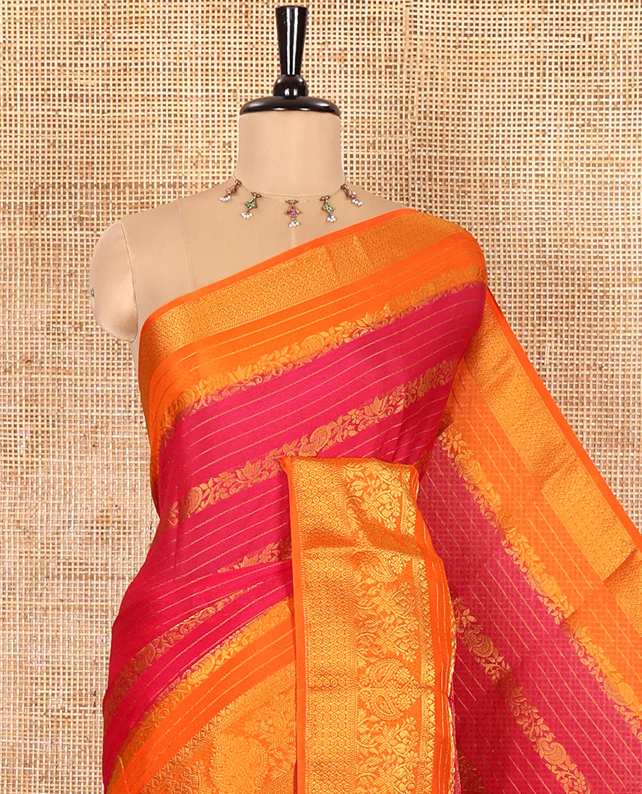 Rani Moss Chiffon Saree, Prettified with Horizontal Stripes, Peacock, and Floral Buttas All Over Its Body, Complemented by a Contrast Traditional Zari Border, Pallu Mirrors the Same Design, and Paired with a Contrast Floral-Paisley Blouse - Image 2